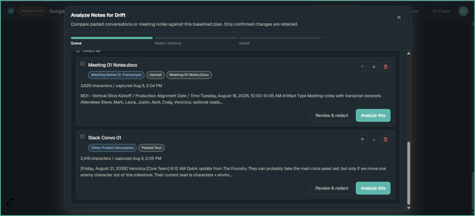 DriftWarden screen showing tracked changes against the baseline alongside unresolved risks and decisions ahead of the milestone review.